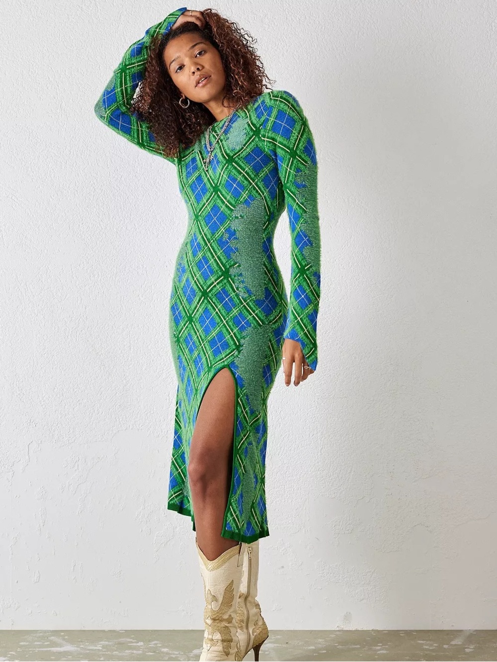 House Of Sunny Victoria Distressed Tartan Knit Midi Dress
